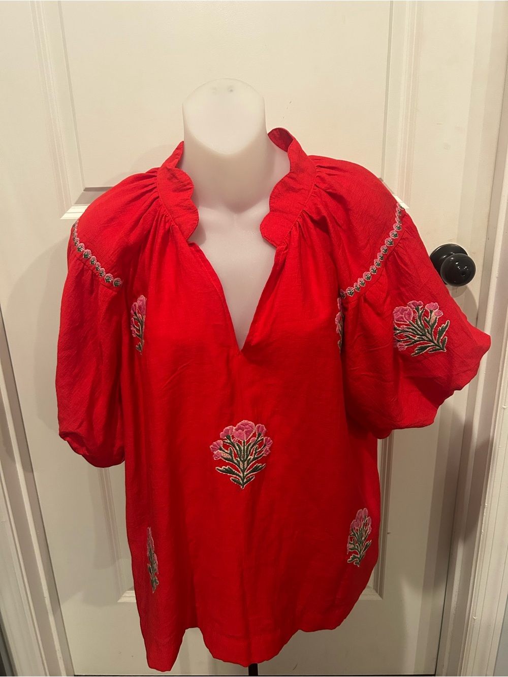 Umgee Red Embroidered Puff Sleeve Tunic